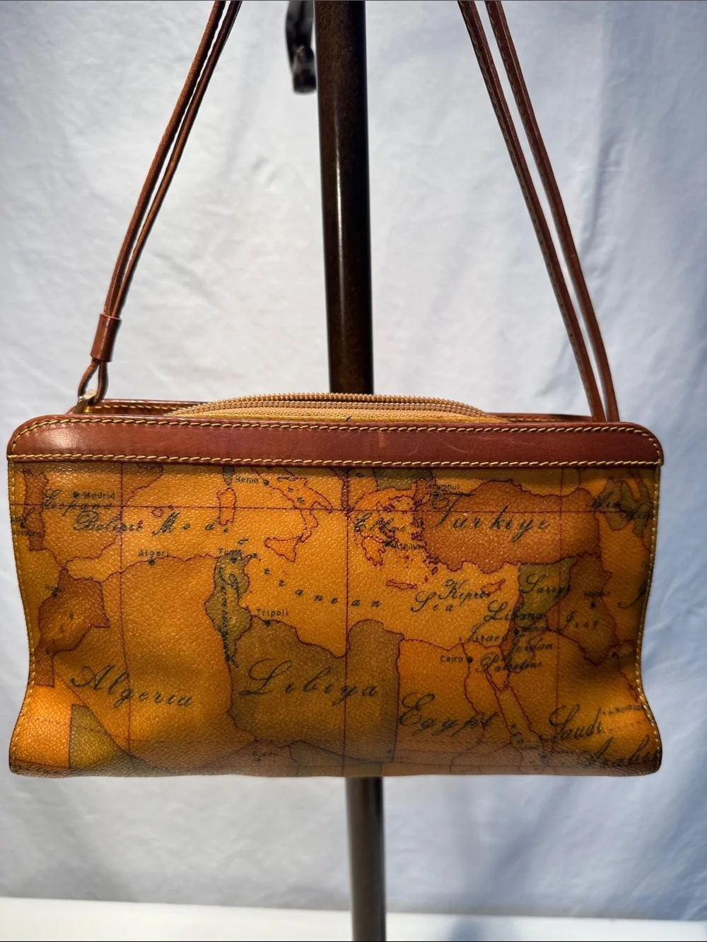 Alviero Martini Brown Map-Print Leather Messenger Bag
